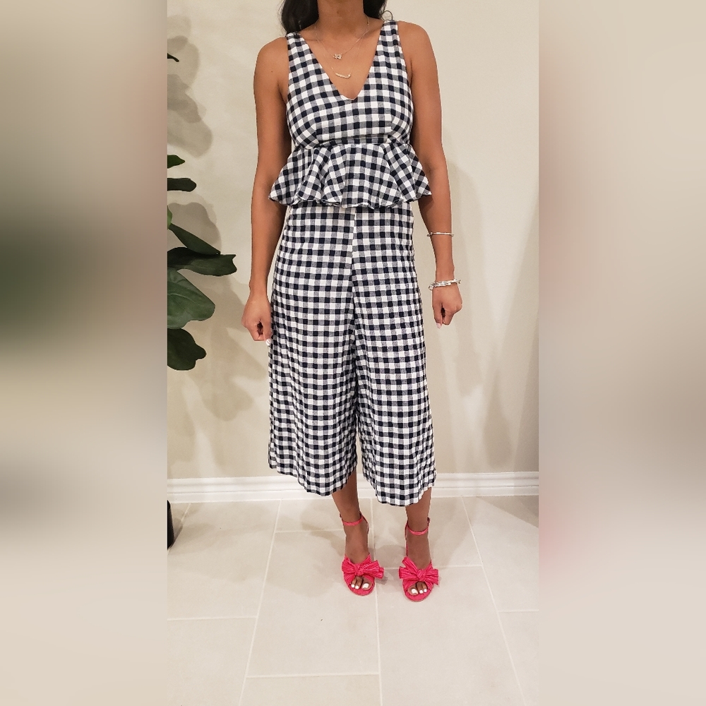 Lost Ink, ASOSwomen's Gingham wide leg jumpsuit, 4, blue&white, ruffle, pockets